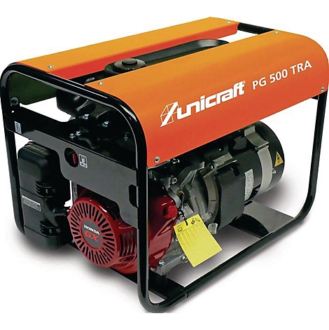 Générateur orange avec cadre noir et moteur rouge. Inscription : Unicraft PG 500 TRA, Honda.
