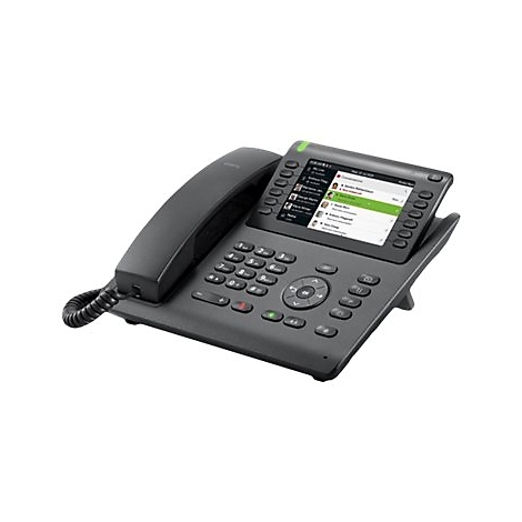 Graues Tischtelefon mit Display. Auf dem Bildschirm eine Kontaktliste. HÃ¶rer liegt daneben.