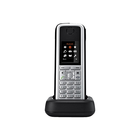 Schnurloses Telefon in Ladestation; Display mit Symbolen. Schwarz-Silber.