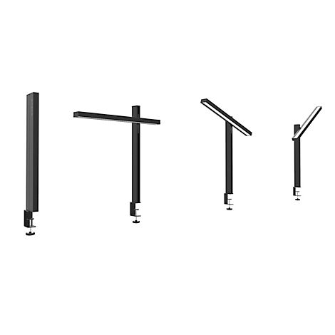 Quatre lampes de bureau noires dans différentes positions, avec pince.