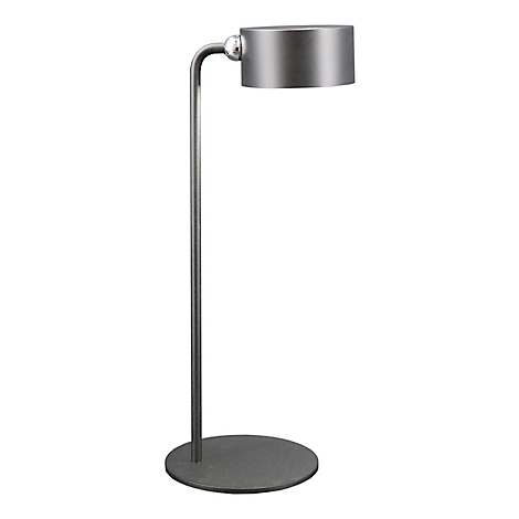 Grijze staande lamp met ronde voet en cilindervormige lampenkap.