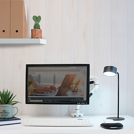 Bureau met monitor, toetsenbord, lamp en decoratie, alles tegen een witte achtergrond.