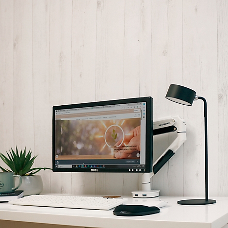 Schreibtisch mit Monitor, Tastatur, Maus und Lampe. Der Monitor zeigt eine Website mit einem Logo.