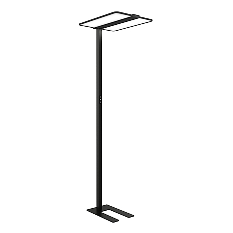Zwarte, minimalistische led-vloerlamp met een platte kop en U-vormige voet tegen een witte achtergrond.