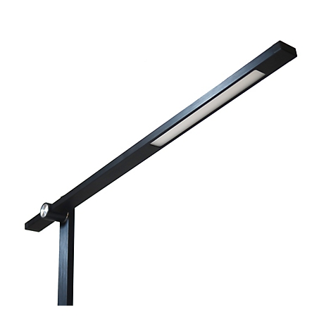 Schwarze, minimalistische LED-Schreibtischlampe mit schwenkbarem Kopf vor weißem Hintergrund.