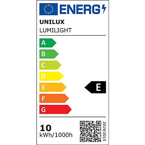 EU-Energieeffizienzlabel für Unilux Lumilight, Effizienzklasse E, Verbrauch 10 kWh/1000h.