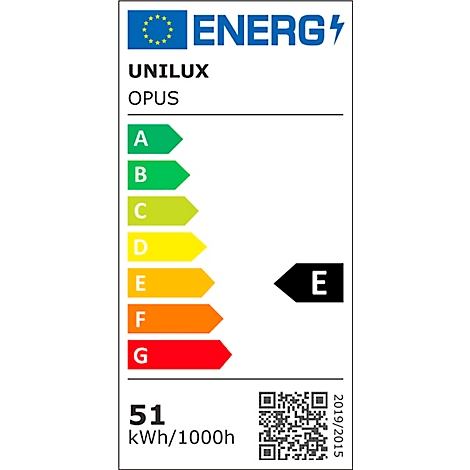 Energielabel der Marke Unilux. Aufgeführt sind die Energieeffizienzklasse E, sowie der jährliche Energieverbrauch von 51 kWh/1000h.