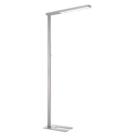 Schlanke, silberne LED-Stehleuchte mit flachem Standfuß und horizontalem Leuchtenkopf vor weißem Hintergrund.