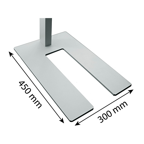 U-förmiger Metallfuß in Silber mit Bemaßung von 450 mm Tiefe und 300 mm Breite.