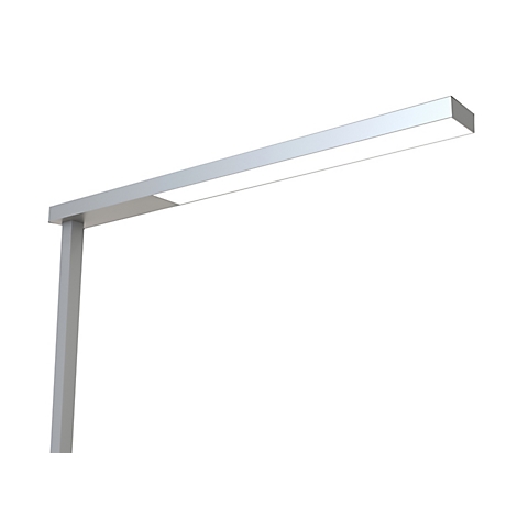 Moderne, silberfarbene LED-Schreibtischleuchte mit schlankem Design vor weißem Hintergrund.