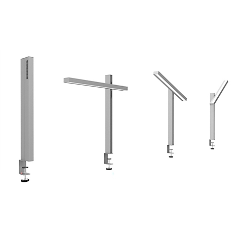 Gray desk lamps in various positions. Attached on a clamp, with LED light bars.