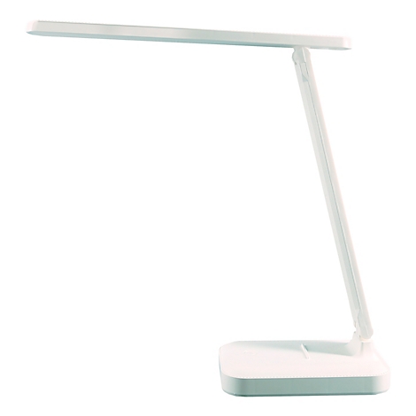 Witte, moderne bureaulamp met LED-verlichting. De lampkop en arm zijn verstelbaar. De voet is rechthoekig.