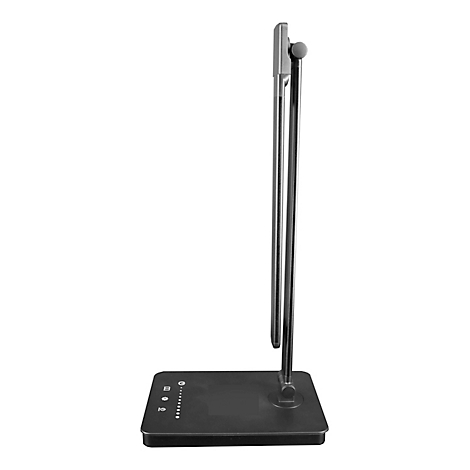 Zwart-zilveren bureaulamp met vierkante voet en twee verticale staven. Details: Helderheidsinstellingen en bedieningselementen.