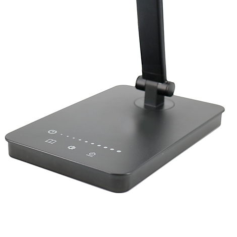 Donkergrijze bureaulamp, detailopname van de rechthoekige voet met bedieningselementen.