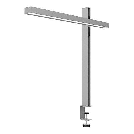 Grijze klemlamp met rechthoekige armatuur. Het is bevestigd aan een verticale balk en voorzien van een klem.