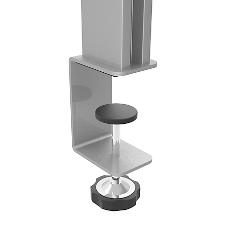 Close-up van een tafelklemvoet met een ronde zwarte voet voor een tafel.