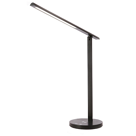 Schlanke, schwarze LED-Schreibtischlampe mit rundem Standfuß auf weißem Hintergrund.