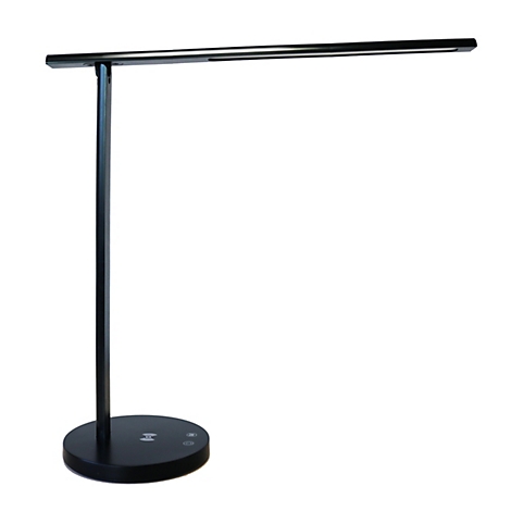 Schlanke, schwarze LED-Schreibtischlampe mit rundem Standfuß vor weißem Hintergrund.