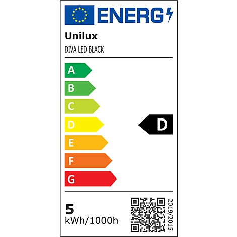 EU-Energieeffizienzlabel für Unilux Diva LED Black mit Einstufung in Klasse E und Verbrauch von 7 kWh pro 1000h.