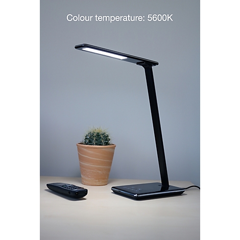 Eine schlanke, schwarze LED-Schreibtischlampe leuchtet hell. Daneben steht ein kleiner Kaktus und eine Fernbedienung.