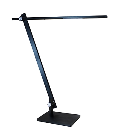 Schwarze, minimalistische LED-Schreibtischleuchte mit schwenkbarem Arm und silbernen Gelenkschrauben vor weißem Hintergrund.