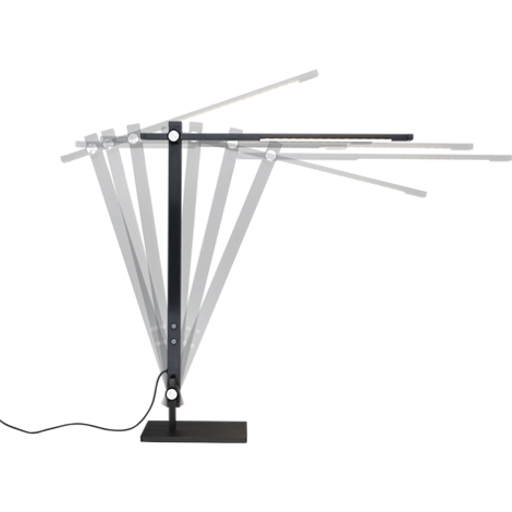 Schwarze, verstellbare Schreibtischlampe mit Gelenkarmen, die verschiedene Einstellpositionen grafisch anzeigt.