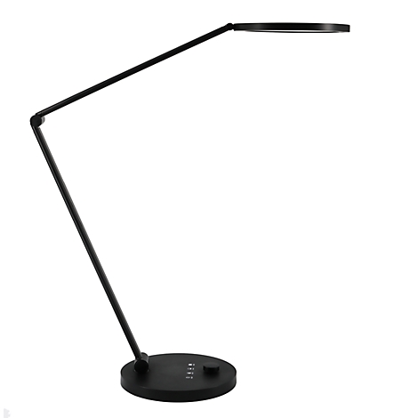 Schwarze, minimalistische LED-Schreibtischlampe mit schwenkbarem Arm auf rundem Standfuß vor weißem Hintergrund.