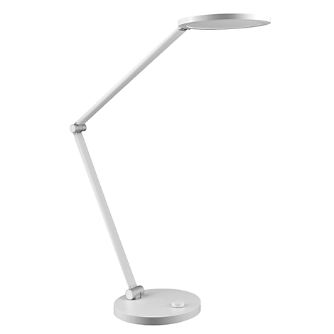 Schlanke, moderne LED-Schreibtischlampe in Weiß mit verstellbarem Gelenkarm und rundem Leuchtenkopf.