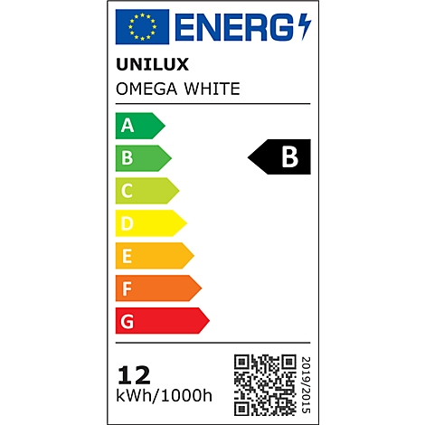 EU-Energieetikett für Unilux Omega White mit Effizienzklasse B und 12 kWh/1000h Verbrauch.