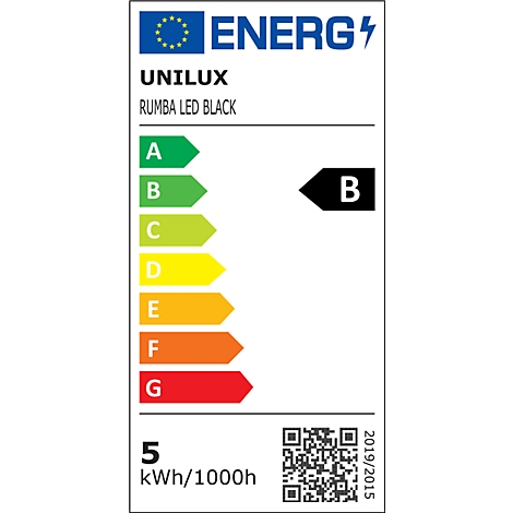 EU-Energieeffizienzlabel für Unilux Rumba LED Black, Energieeffizienzklasse B, 5 kWh pro 1000 Stunden.