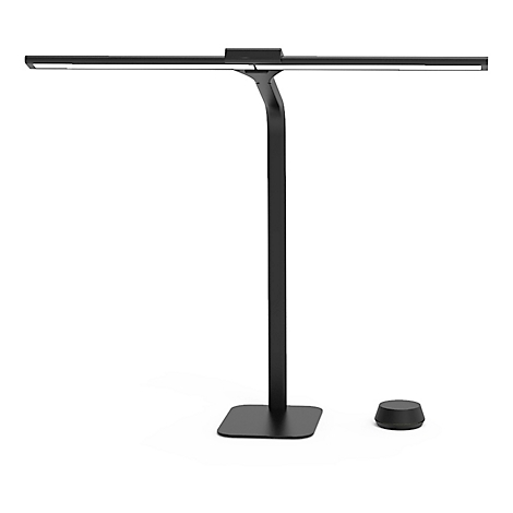 Schwarze Tischleuchte mit zwei horizontalen Lichtleisten. Ein runder Dimmer befindet sich rechts neben der Leuchte.