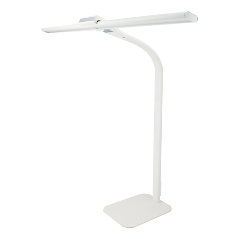 Weisse Schreibtischlampe mit gebogenem Arm und rechteckigem Fuss. Die Lampe leuchtet horizontal nach links.