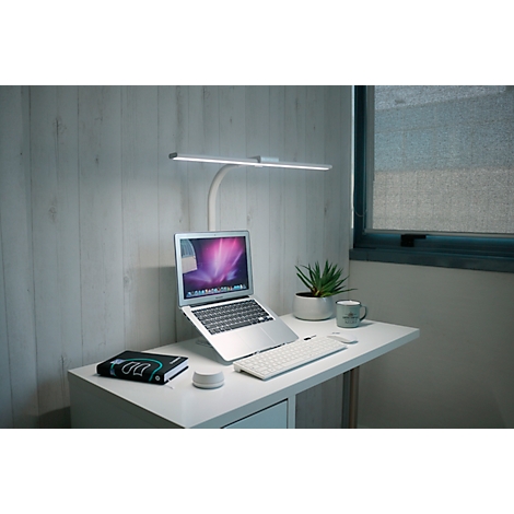 Schreibtisch mit Laptop, Tastatur, Lampe und Topfpflanze. Die Lampe scheint hell. Das Fenster lässt natürliches Licht herein.