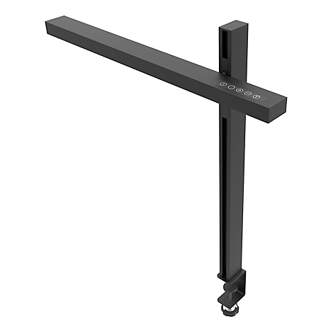 Schwarze Klemmleuchte, moderner Stil. Der Lampenkopf ist rechteckig, Steuerung mit Symbolen. Am Fuss Klemme zur Befestigung.