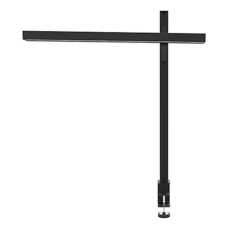Schwarze Schreibtischlampe mit Klemmfuss und horizontalem Leuchtkörper.