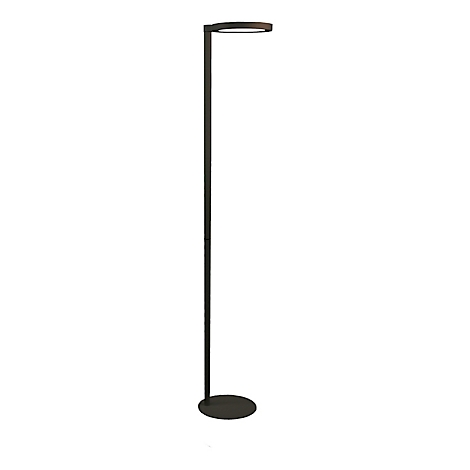 Een zwarte vloerlamp met een ronde voet en een horizontale lampkop.