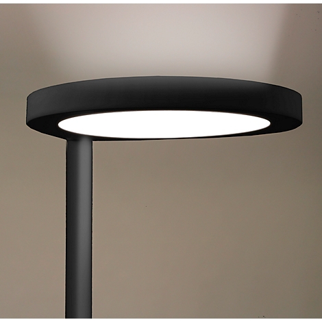 Zwarte glanzende ronde lamp verbonden met een verticale stang. De lamp lijkt fel. Achtergrond is kleurneutraal.