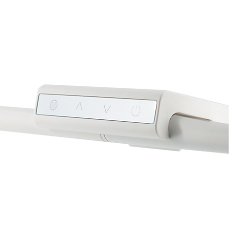 Detailopname van een witte bedieningseenheid met symbolen: aan/uit, pijl omhoog, pijl omlaag.