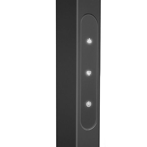 Grauer Turm mit drei leuchtenden Symbolen: WLAN, Ventilator und Ein/Aus-Knopf.