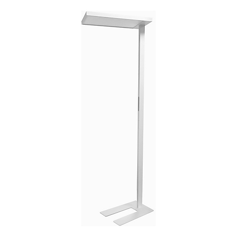 Weisse Stehlampe mit rechteckigem Kopf, auf einer einfachen, rechteckigen Basis stehend.