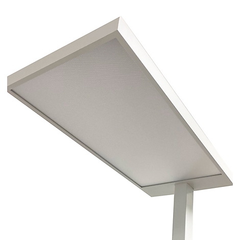 Witte, rechthoekige plafondlamp gefotografeerd van onderaf, met een rasterpatroon in het midden.