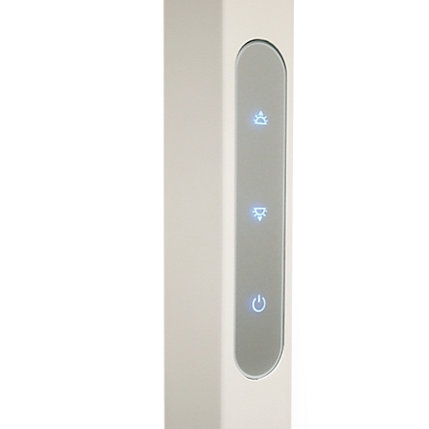 Wit apparaat met drie verlichte symbolen: een huis, een bloem en een aan/uit-schakelaar.