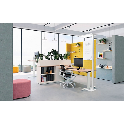 Kantoor met bureaus, planten en decoratieve elementen.