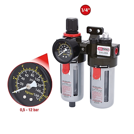 Un filtre et régulateur d'air avec un manomètre, des commandes rotatives et le texte "1/4" en rouge.
