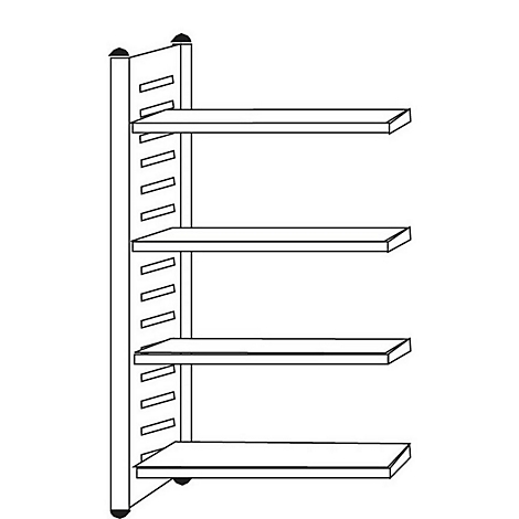 Un dessin au trait en noir et blanc d'une étagère murale avec un rail vertical et quatre étagères horizontales.