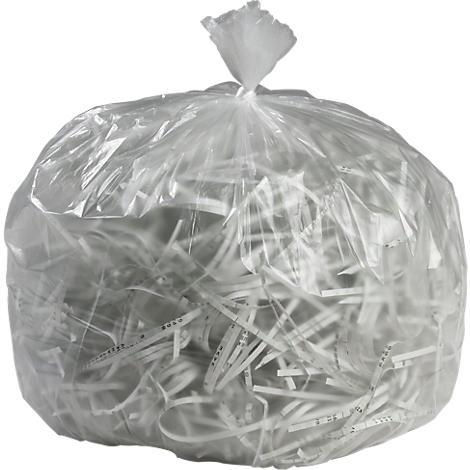 Transparent garbage bag filled with shredded paper.