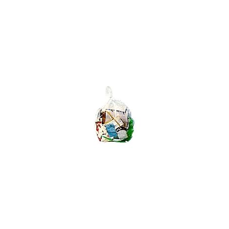 Transparent garbage bag full of waste; paper, cardboard, plastic.