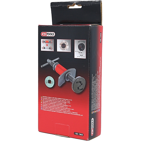 Rote und graue Werkzeugbox mit Abbildungen und Text. Ein Bremskolbenrücksteller ragt hervor.