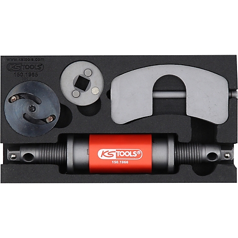 Werkzeugset von KS TOOLS, rot-schwarz, in passgenauer Schaumstoffaussparung. Enthält verschiedene Werkzeuge.