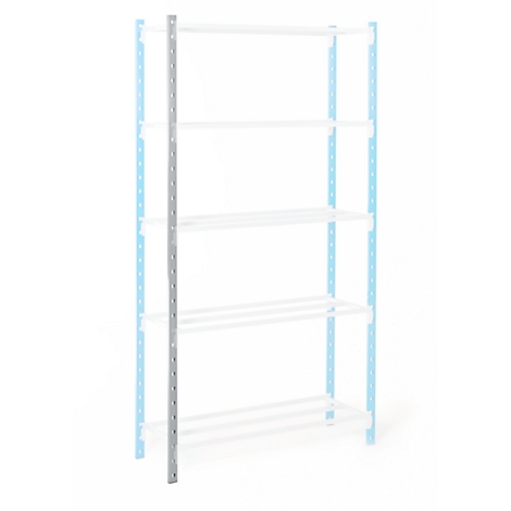 A gray metal shelf post with holes, outlines of a shelf system in the background, against a white background.